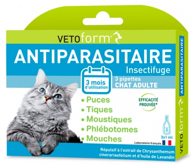 Vetoform Antiparasitaire Insectifuge Chat Adulte 3 Pipettes de 1 ml