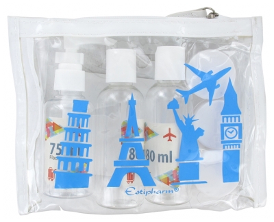 Estipharm Trousse Flacons Voyage Vides - Couleur : Transparent aux motifs bleus