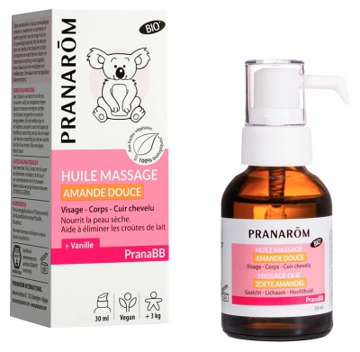 Pranarôm Pranabb Huile de Massage Peau Sèche Amande Douce et Extrait de Vanille Visage Corps Cuir Chevelu Bio 30 ml