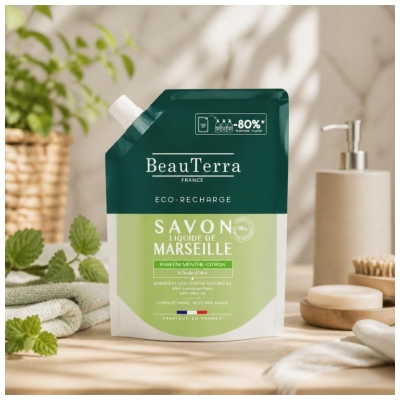 BeauTerra Savon de Marseille Liquide Parfum Menthe-Citron Éco-Recharge 900 ml