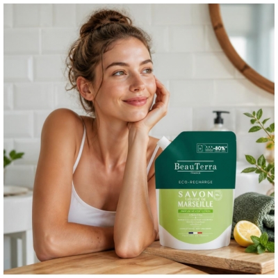 BeauTerra Savon de Marseille Liquide Parfum Menthe-Citron Éco-Recharge 900 ml