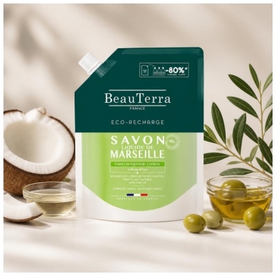 BeauTerra Savon de Marseille Liquide Parfum Menthe-Citron Éco-Recharge 900 ml