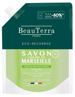 BeauTerra Savon de Marseille Liquide Parfum Menthe-Citron Éco-Recharge 900 ml