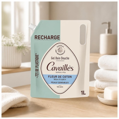 Cavaillès Gel Bain et Douche Fleur de Coton Peaux Sensibles Éco-Recharge 1 L