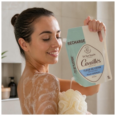 Cavaillès Gel Bain et Douche Fleur de Coton Peaux Sensibles Éco-Recharge 1 L