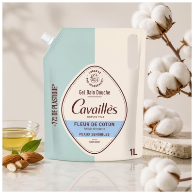 Cavaillès Gel Bain et Douche Fleur de Coton Peaux Sensibles Éco-Recharge 1 L