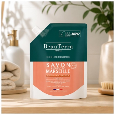 BeauTerra Savon de Marseille Liquide Parfum Fleur d'Oranger Éco-Recharge 900 ml