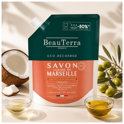 BeauTerra Savon de Marseille Liquide Parfum Fleur d'Oranger Éco-Recharge 900 ml