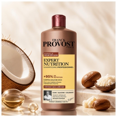 Franck Provost Expert Nutrition Shampooing Cheveux Secs et Rêches Karité et Huile de Coco 500 ml