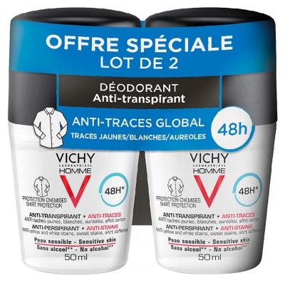 Vichy Homme Déodorant Anti-Transpirant Anti-Traces 48H Roll-On Lot de 2 x 50 ml