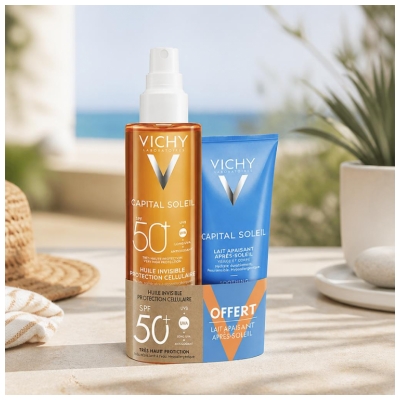 Vichy Capital Soleil Huile Invisible Protection Cellulaire SPF50+ 200 ML + Lait Apaisant Après-Soleil 100 ML OFFERT