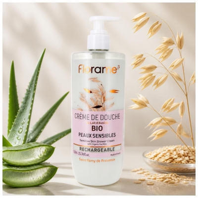 Florame Gel Douche Lait d'Avoine pour Peaux Sensibles Rechargeable Bio 750 ML