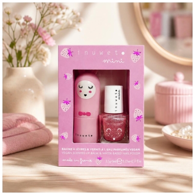 Inuwet Mini Coffret Baume à Lèvres 3,5 Grammes Fraise+ Vernis Parfumé Eau 5 ML Fraise