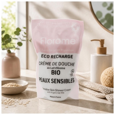 Florame Crème de Douche Lait d'Avoine pour Peaux Sensibles Rechargeable Bio Éco Recharge 700 ML