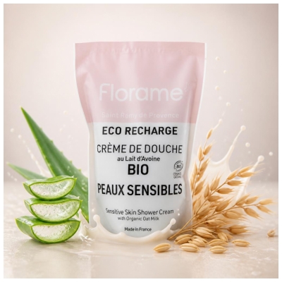Florame Crème de Douche Lait d'Avoine pour Peaux Sensibles Rechargeable Bio Éco Recharge 700 ML