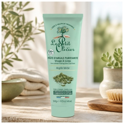 Le Petit Olivier Pâte d'Argile Verte Purifiante Visage & Corps Peaux Mixtes à Grasses 300 g