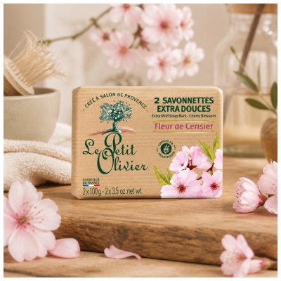 Le Petit Olivier Savon Solide Extra Doux Fleur de Cerisier 2 x 100 g