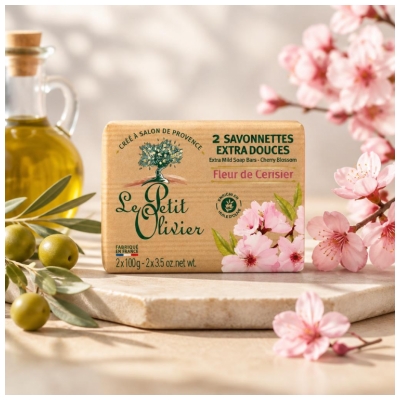 Le Petit Olivier Savon Solide Extra Doux Fleur de Cerisier 2 x 100 g