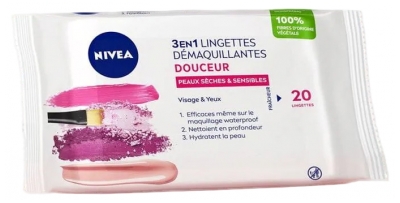 Nivea Lingettes Démaquillantes Visage & Yeux Peaux Sèches & Sensibles Sachet de 20 Pièces