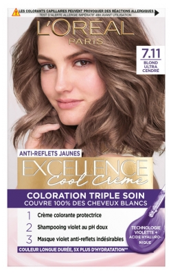 L'Oréal Paris Excellence Cool Crème Coloration Triple Soin avec Acide Hyaluronique 192 ml - Coloration : 7.11 Blond Ultra Cendré