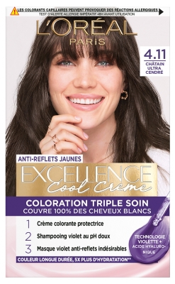 L'Oréal Paris Excellence Cool Crème Coloration Triple Soin avec Acide Hyaluronique 192 ml - Coloration : 4.11 Châtain Ultra Cendré