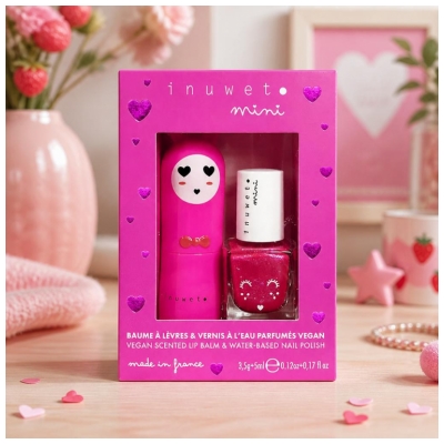 Inuwet Mini Coffret Baume à Lèvres 3,5 Grammes Cerise + Vernis Parfumé à l'Eau 5 ML Fraise