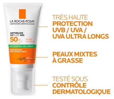 La Roche-Posay Anthelios Crème Solaire en Gel-Crème Anti-Brillance Visage Spf50+ Avec Parfum 50 ml