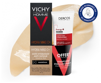 Vichy Homme Hydra Mag C+ Soin Hydratant Anti-Fatigue Visage et Yeux 50 ml + Dercos Energy+ Shampoing 50 ml Offert