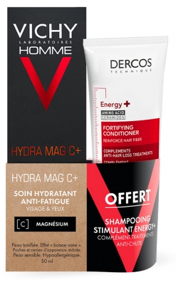 Vichy Homme Hydra Mag C+ Soin Hydratant Anti-Fatigue Visage et Yeux 50 ml + Dercos Energy+ Shampoing 50 ml Offert