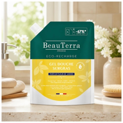 BeauTerra Gel Douche Surgras Fleur Jasmin Éco-Recharge 1 Litre