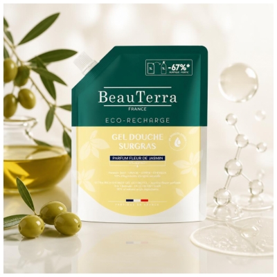 BeauTerra Gel Douche Surgras Fleur Jasmin Éco-Recharge 1 Litre