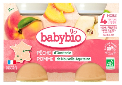 Babybio Pêche Pomme 4 Mois Texture Lisse et + Bio 2 Pots de 130 g