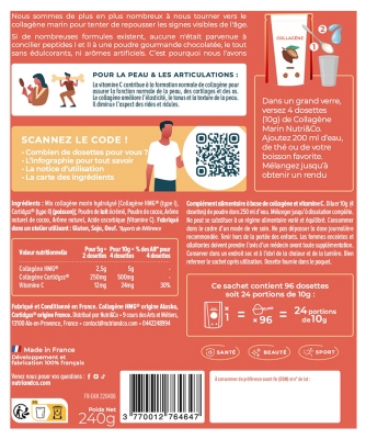 Nutri&Co Collagène Marin Type 1 et 2 Peau & Articulations Saveur Cacao 240 g