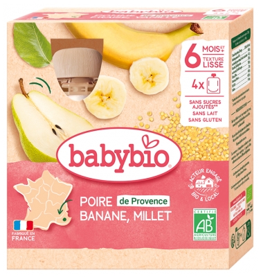 Babybio Poire Millet Banane 6 Mois et + Bio 4 Gourdes de 90 g