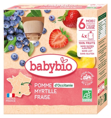Babybio Pomme Fraise Myrtille 6 Mois et + Bio 4 Gourdes de 90 g