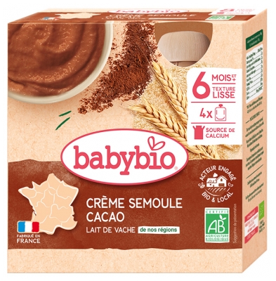 Babybio Cacao Crème Semoule 8 Mois et + Bio 4 Gourdes de 85 g
