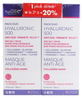 Pharm Nature Hyaluronic 500 Masque Anti-Âge Lot de 2 x 81 Gélules + 4 Masques OFFERTS