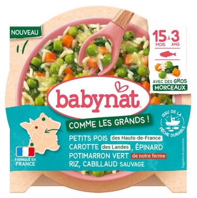 Babybio Babynat Petits Pois Épinard Carotte Potimarron Vert Riz & Cabillaud Sauvage de 15 Mois à 3 Ans 200 g