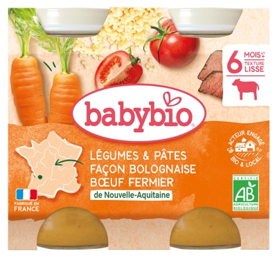 Babybio Pâtes Façon Bolognaise au Boeuf Fermier Légumes 6 Mois et + Bio 2 Pots de 200 g
