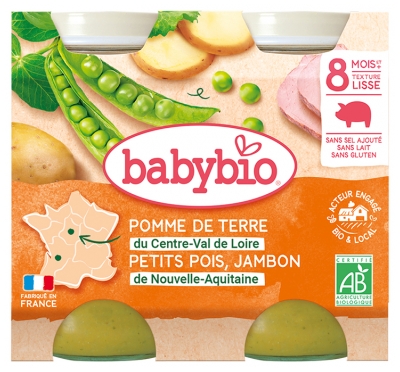 Babybio Pomme de Terre Jambon Petits Pois 8 Mois et + Bio 2 Pots de 200 g