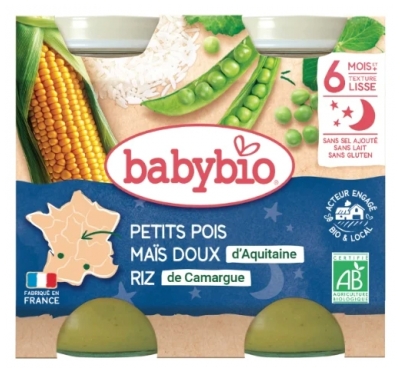 Babybio Bonne Nuit Maïs Doux Petits Pois Riz 6 Mois et + Bio 2 Pots de 200 g