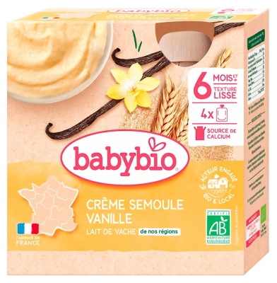 Babybio Crème Semoule au Lait de Vache Français Vanille 4 Gourdes