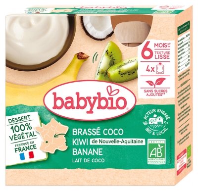 Babybio Brassé Végétal Coco Banane Kiwi 6 Mois et + Bio 4 Gourdes de 85 g