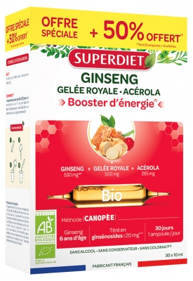 Superdiet Ginseng Gelée Royale Acérola Bio 20 Ampoules + 10 Ampoules Offertes