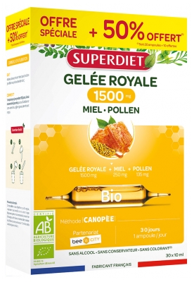 Superdiet Gelée Royale 1500 mg Miel Pollen Bio 20 Ampoules + 10 Ampoules OFFERTES