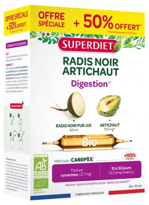 Superdiet Radis Noir Artichaut Digestion Bio 20 Ampoules + 10 Ampoules OFFERTES
