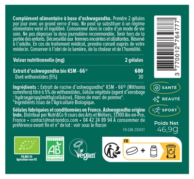 Nutri&Co Ashwagandha Bio Ksm-66® Stress Sommeil & Musculation 120 Gélules