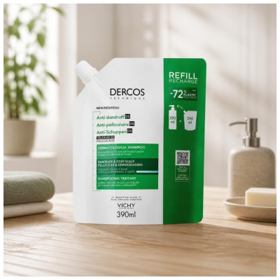 Vichy Dercos Shampoing Antipelliculaire Cheveux Normaux à Gras Éco-Recharge 390 ml