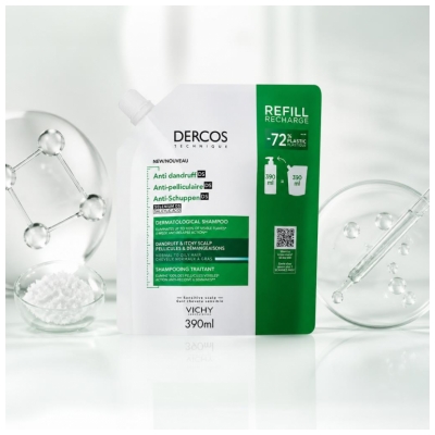 Vichy Dercos Shampoing Antipelliculaire Cheveux Normaux à Gras Éco-Recharge 390 ml