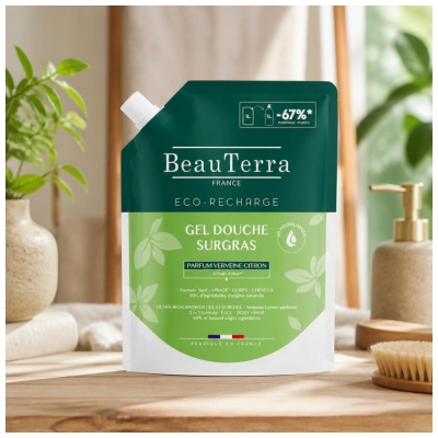 BeauTerra Gel Douche Surgras au Verveine Citron Éco Recharge 1 Litre